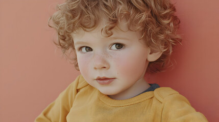 Naklejka premium Close-up portrait of a toddler with curly red hair, looking directly at the camera. A soft focus and warm lighting