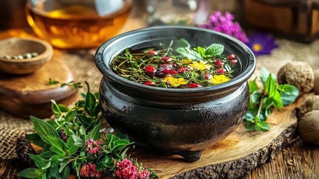 herbal decoction in a saucepan. Selective focus. nature.