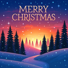 Fototapeta premium Merry christmas snowy landscape with fir trees and starry sky