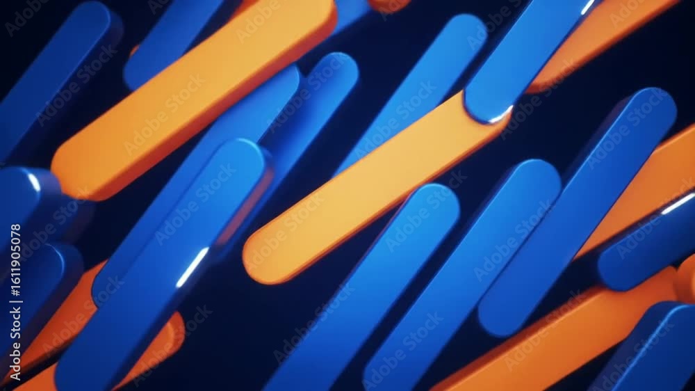 Poster dynamic composition of abstract blue and orange shapes creating a sense of modern movement and depth