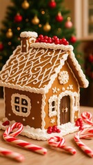 Gingerbread house decorated with icing and candy Christmas