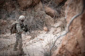 Obraz premium Soldiers of special forces on wars at the desert,Thailand people,Army soldier Patrolled the front line