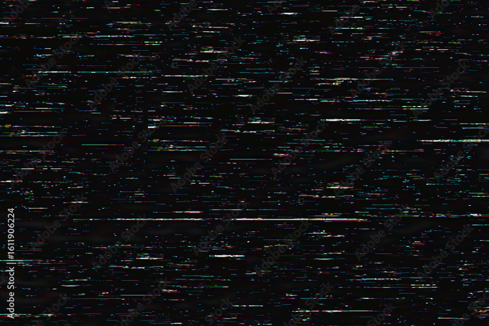 Poster screen display multicolor glitch and scan lines pattern on a black background