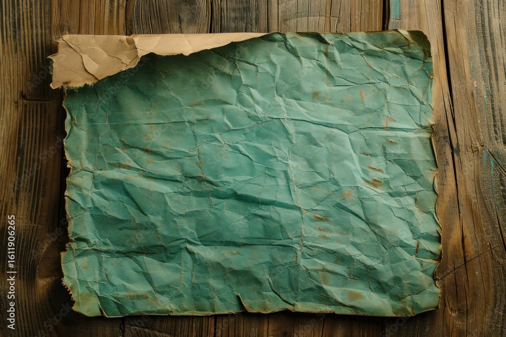 Aufkleber crumpled cyan colored paper with a torn edge sits on a rustic wooden surface, creating a textured an