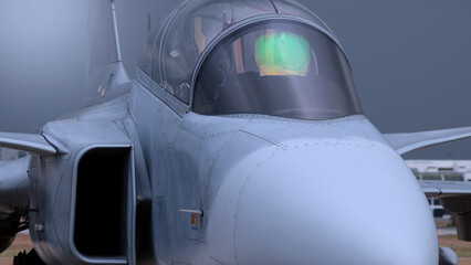 Close up of modern aircraft military fighter jet.