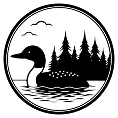 Loon and pine trees in circle silhouette isolated on white background