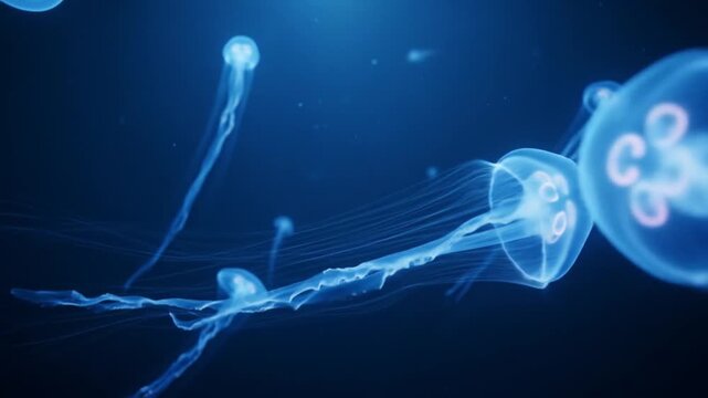 Mystic Underwater World: Ethereal Jellyfish Floating Gracefully in Deep Blue Ocean