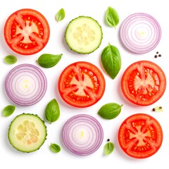 Naklejka premium Sliced vegetables arranged on white background