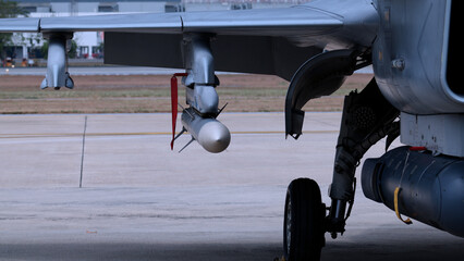 Close up of modern aircraft military fighter jet.