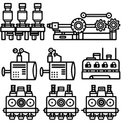 Collection of industrial machinery silhouettes isolated on white background