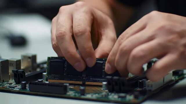 Hands installing RAM module into a computer motherboard