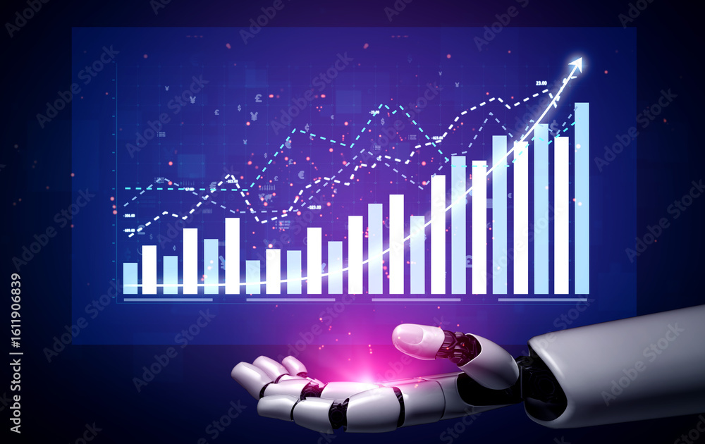 Poster robotic hand holding data visualization graph with upward trend and digital elements for technology 