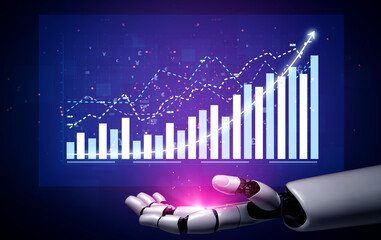 Robotic Hand Holding Data Visualization Graph with Upward Trend and Digital Elements for Technology...