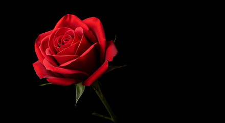 Fototapeta premium Single red rose bloom on black background romantic floral image