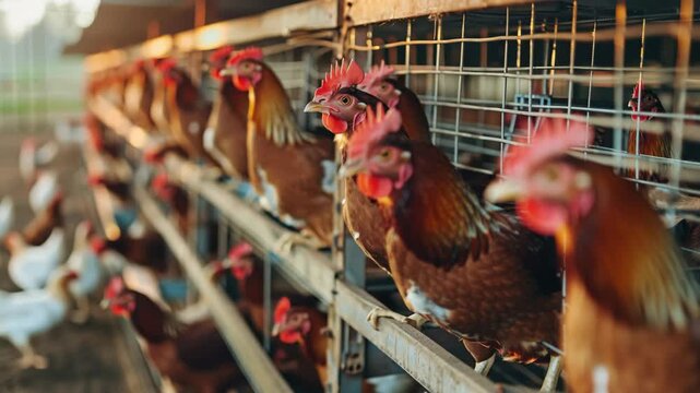 Orderly rows of chickens in a large-scale poultry farm with feeding systems and early sunlight