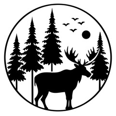 Moose in forest silhouette with birds and sun isolated on white background