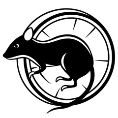 Black silhouette of a rat running on a wheel isolated on white background silhouette