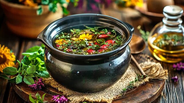 herbal decoction in a saucepan. Selective focus. nature.