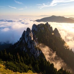Mountain peaks rising above clouds at sunrise