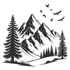 Mountain landscape with pine trees and birds silhouette isolated on white background