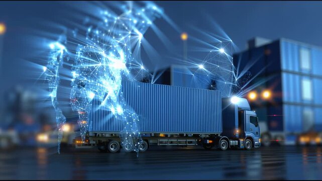 Digital Delivery: A state-of-the-art transport truck glides gracefully across a digital landscape, showcasing the advanced fusion of technology and logistics. The image evokes a sense of efficient.