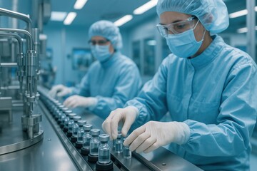 Scientific Production Line: Workers in a cleanroom setting expertly manage a production line, focused on medical vials in a state-of-the-art, modern facility.