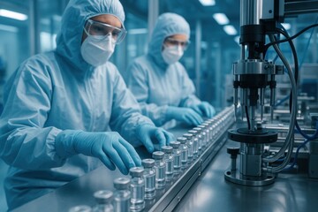 Industry Workers at a Manufacturing Facility: Two industry workers, fully clad in protective suits, diligently operate machinery within a state-of-the-art manufacturing facility.