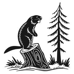 Beaver standing on a tree stump next to a pine tree silhouette isolated on white background