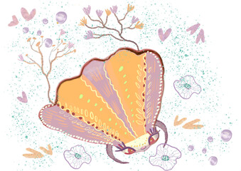  A whimsical and stylized illustration of an ornate seashell with a whimsical face and legs, surrounded by various underwater elements like coral, bubbles, and abstract plant forms. 