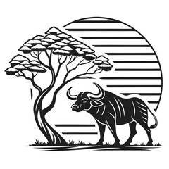 Fototapeta premium African buffalo silhouette under acacia tree with striped sun isolated on white background