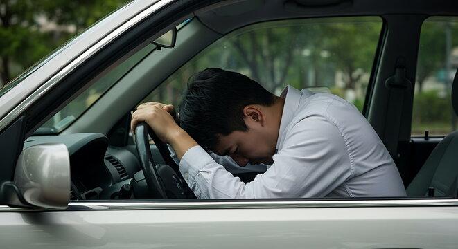 Exhausted man rests his head on the steering wheel of his car