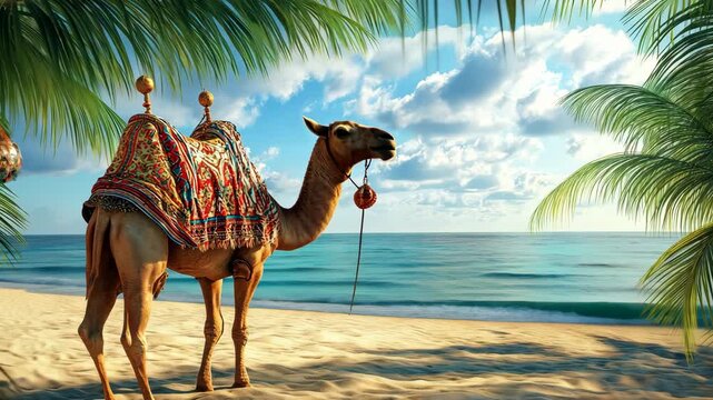 Camel on the beach under a palm tree. Selective focus. Nature.
