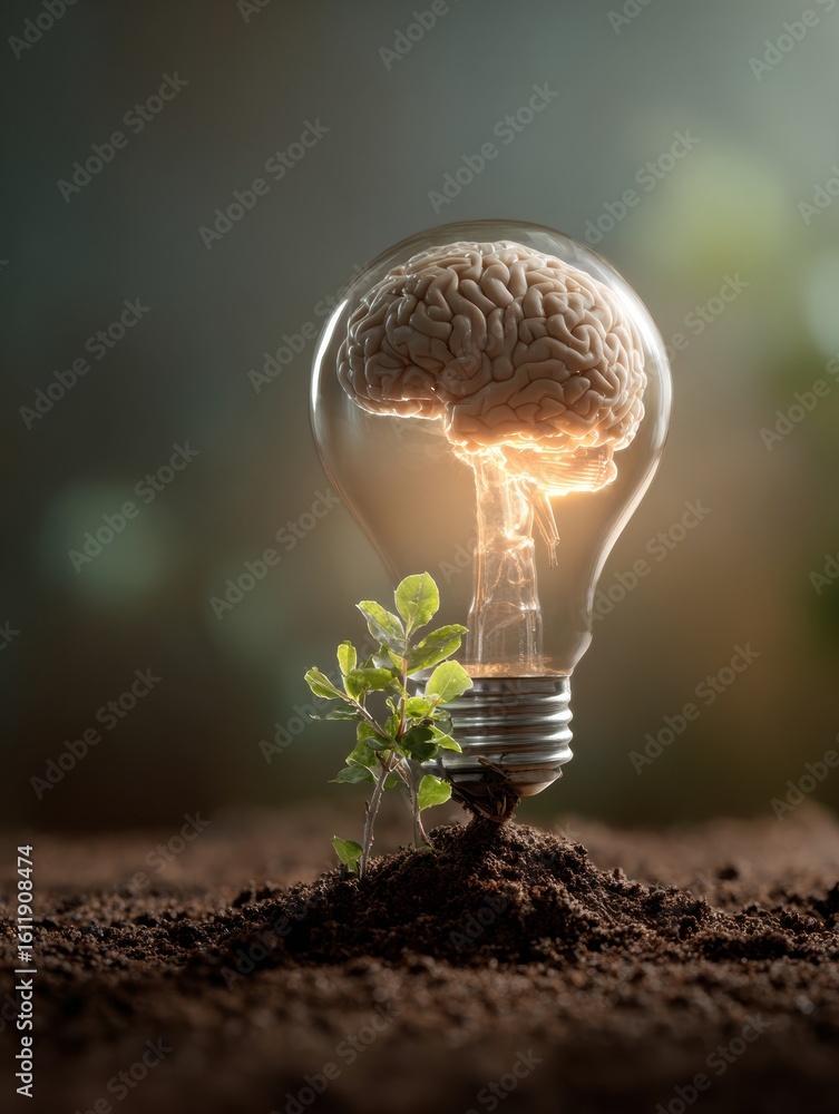Poster light bulb resembling a brain sprouting from soil in a warm, open background symbolizes new ideas an
