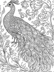 Fototapeta premium Ornate peacock illustration, detailed floral background, coloring book style, printable art