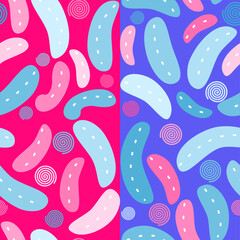 Seamless pattern with bright pink and soft blue curved abstract shapes on a split vibrant magenta and periwinkle blue background. A bold, playful design for kids&rsquo; prints and wrapping.