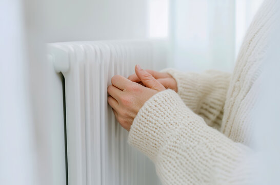Close-up of a woman putting her frozen hands on a battery in a cold room. Female warming her  fingers up on radiator. White colors, minimalist composition.