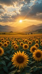 Fototapeta premium Golden sunflowers under a dramatic sunset field golden hour