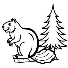 Beaver and pine tree silhouette isolated on white background