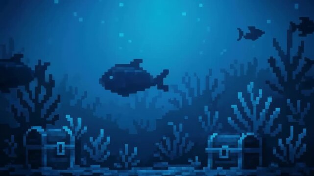 Dark Pixel Art Underwater Scene with Swimming Fish and Treasure Chests in Retro 16-Bit Game Style