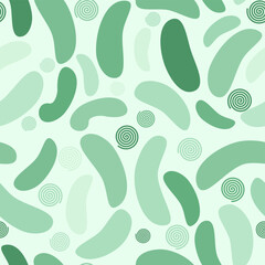 Seamless pattern featuring mint green curved abstract shapes and spirals on a soft pastel green background. A fun, playful design for kids' wrapping paper, fabric, and prints.