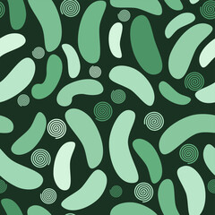 Seamless pattern with mint green curved abstract shapes and spirals on a deep forest green background. Fun, bold design perfect for kids’ prints, fabric, and wrapping paper.