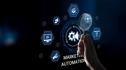 Marketing automation diagram showcase AI-driven campaign workflow, highlight marketing automation, data-driven strategy, marketing automation tools, and market automation process in business. Spline