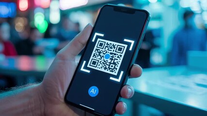 AI technology scanning QR code on smartphone screen with hand in modern digital urban environment featuring vibrant blue light and blurred background - Powered by Adobe