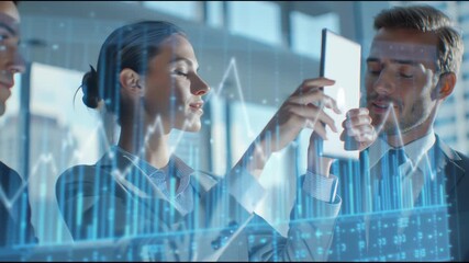 Analyzing the Data: A business team examining charts and data with a sleek digital tablet device, the image blends a modern, technological design.  - Powered by Adobe