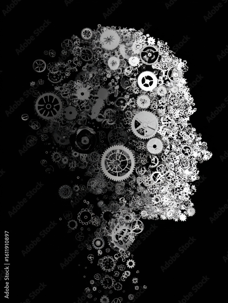 Poster minimalist head silhouette filled with intricate gears and cogs on a black background demonstrating 