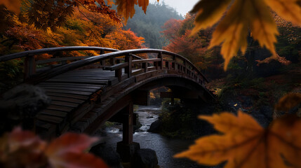 Autumnal wooden bridge over a flowing stream, framed by vibrant fall foliage.  A serene Japanese-style landscape