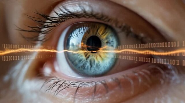 Eye edge close up with digital data wave overlay showing futuristic technology innovation and AI vision concept for advanced digital wave analysis
