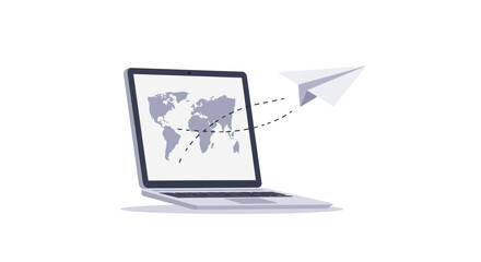 Global Communication Concept Laptop Displaying World Map with Paper Airplane Symbolizing International Connection