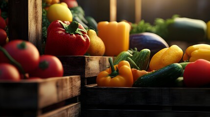 Fresh produce overflowing from wooden crates, brightly lit. Colorful vegetables and fruits fill wooden boxes.  Sunlight highlights the bounty
