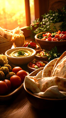 Mediterranean feast with hummus, falafel, fresh vegetables, and warm bread, set on a wooden table in warm sunlight